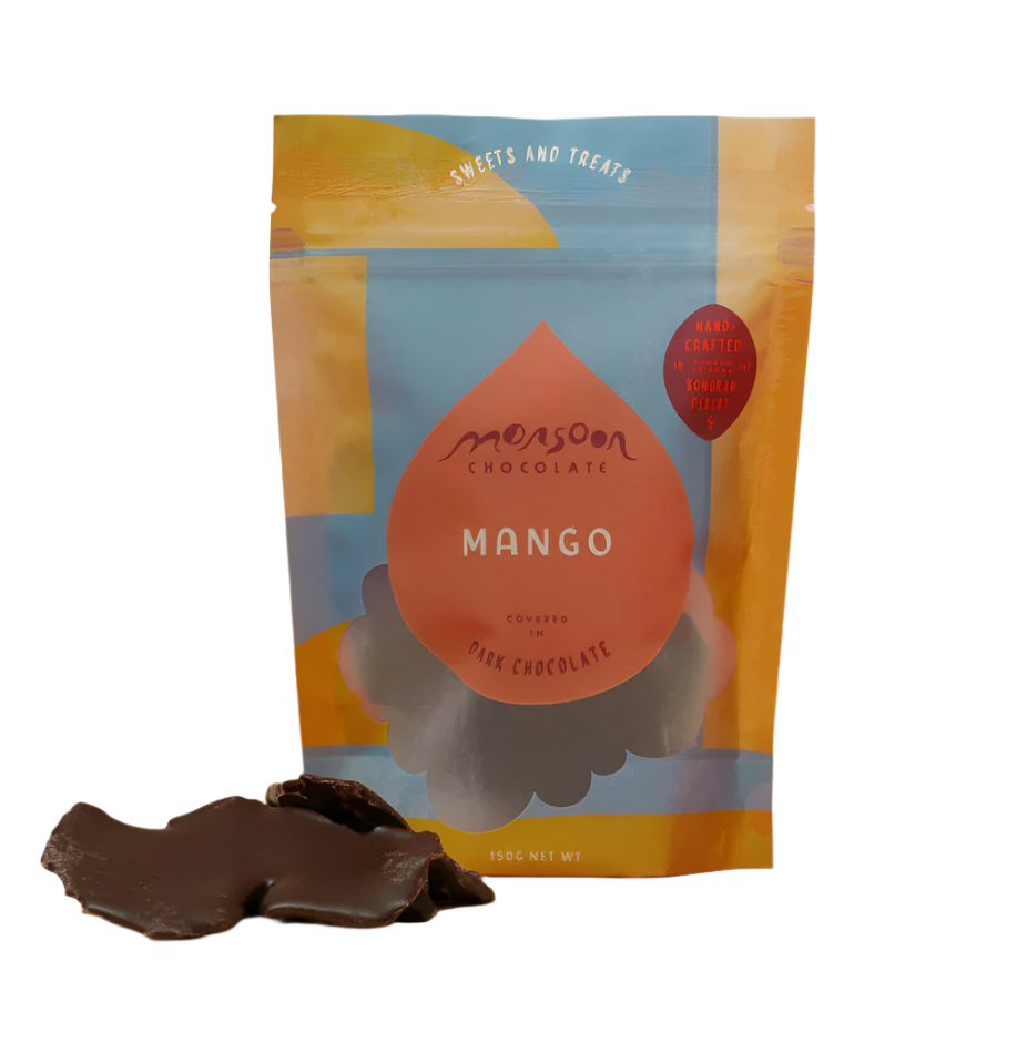 Mango Covered in Dark Chocolate from Monsoon Chocolate against a white background