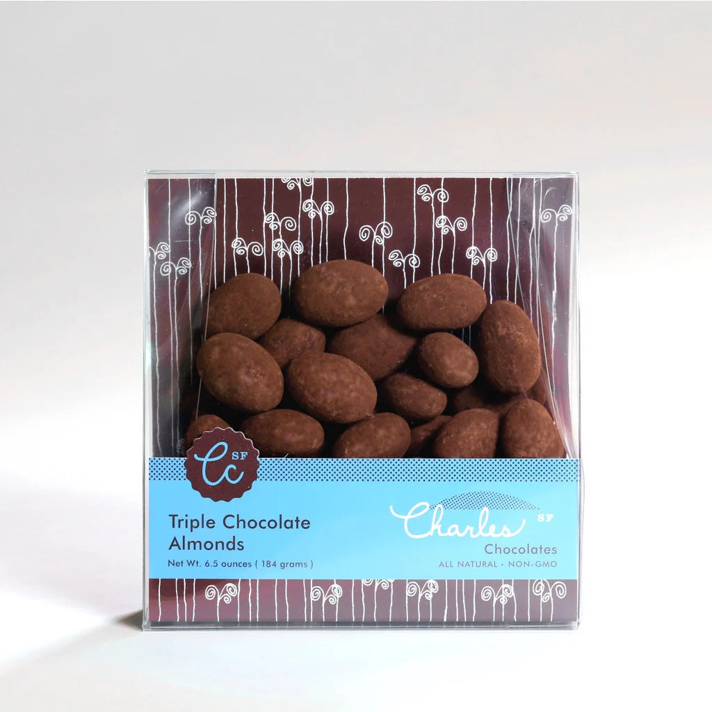 Triple Chocolate Almonds on a white shelf