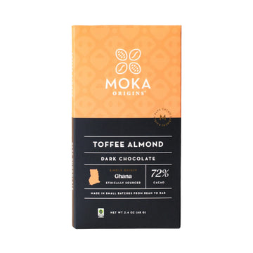 Moka Origins Toffee Almond 72% Chocolate package against a white background