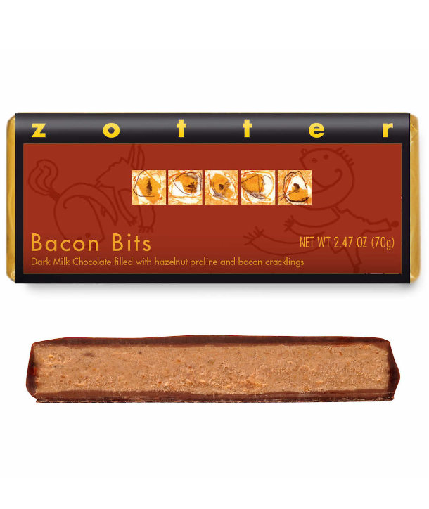 A wrapped and unwrapped Bacon Bits bar against a white background