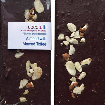 A wrapped and unwrapped 72% Dark Chocolate Bar with Almonds & Almond Toffee from CocoTutti.