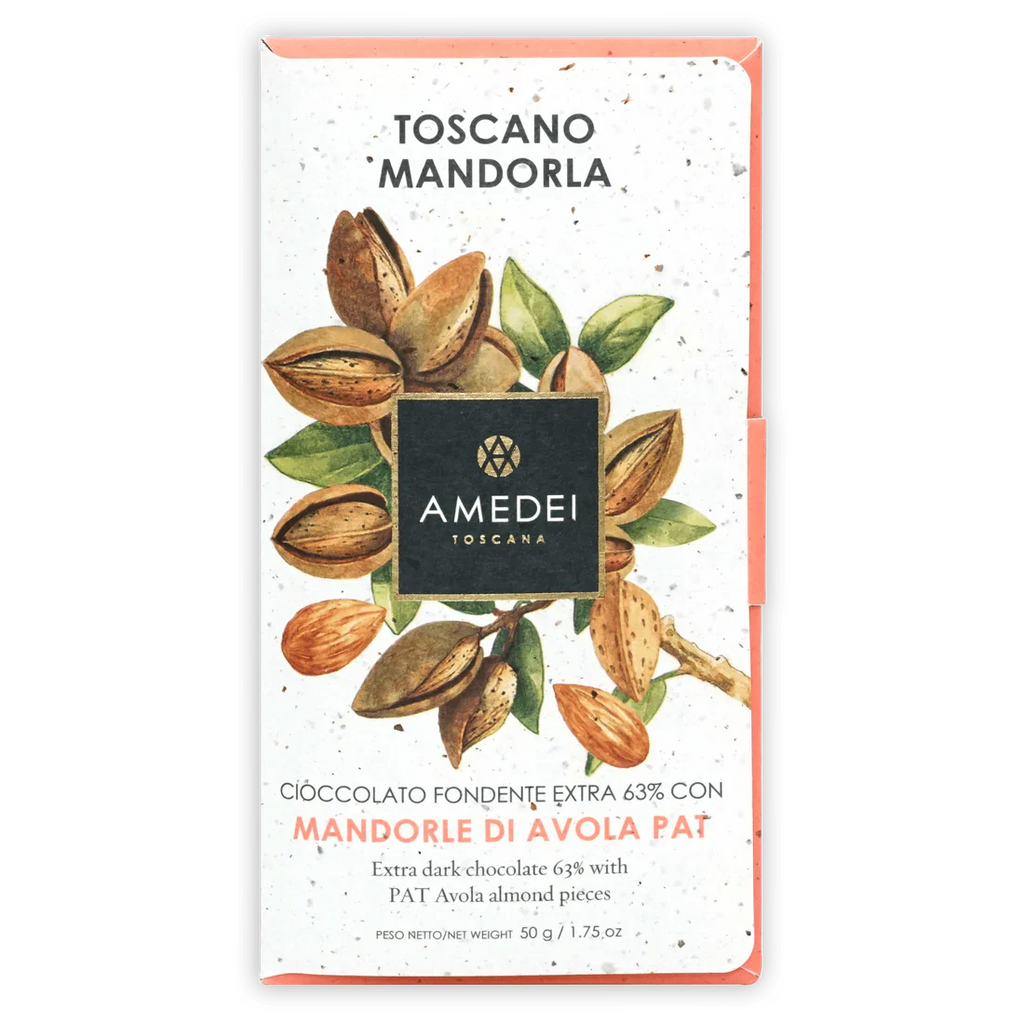 The front of a wrapped Dark Chocolate with Almonds Bar from Amedei Chocolate