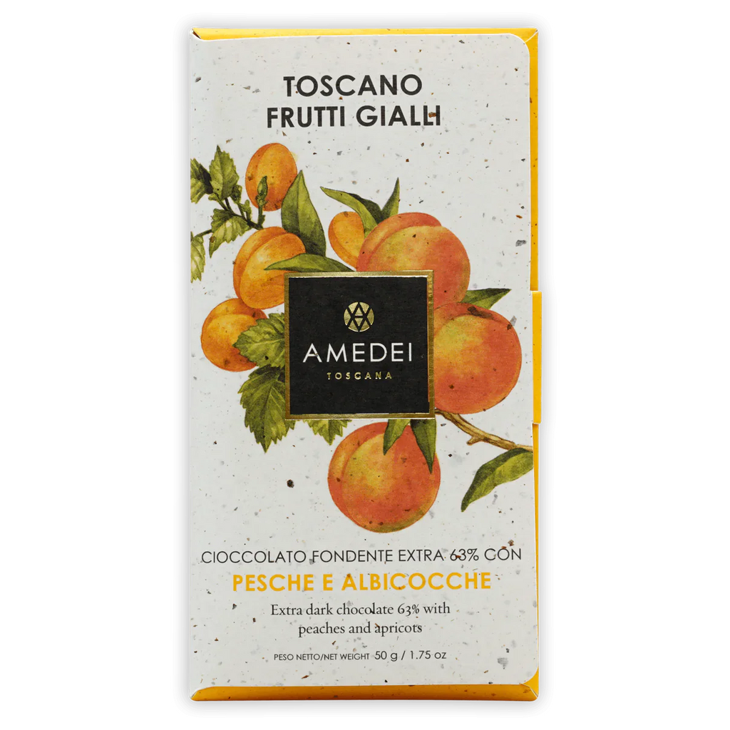 The front of a wrapped Toscana Blond 63% Chocolate Bar from Amadei Chocolate.