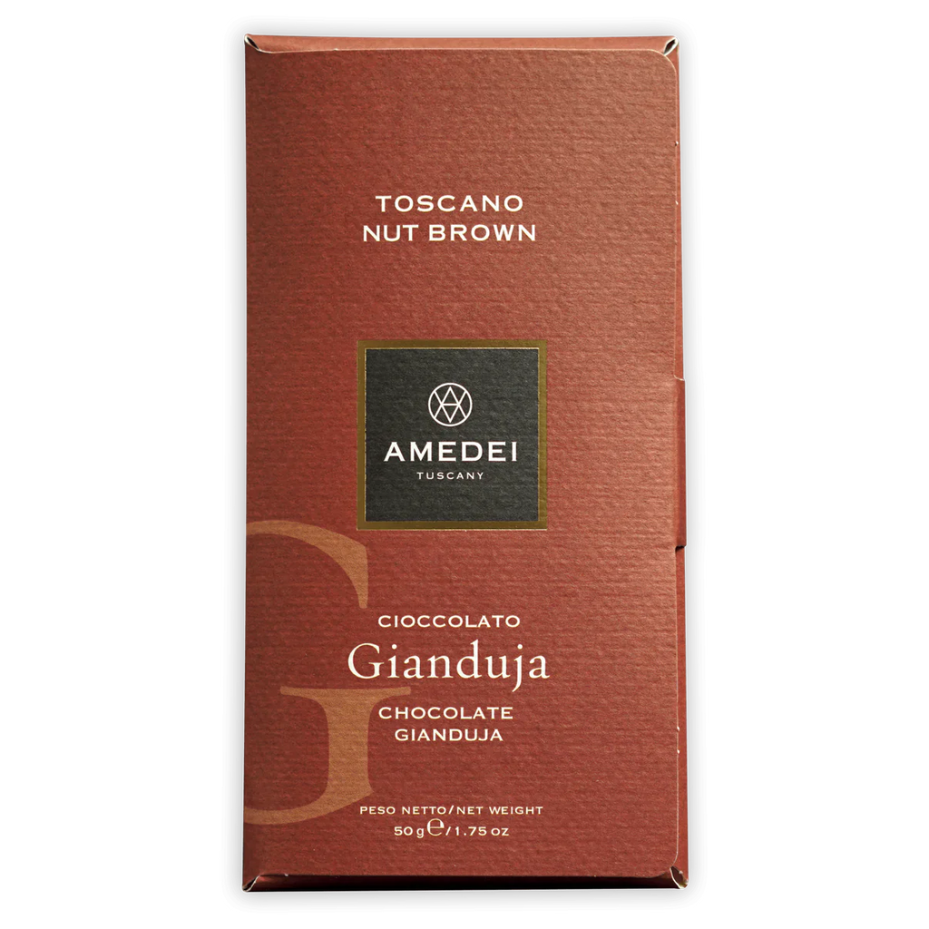 The front of a wrapped Toscano Nut Brown Chocolate Bar Chocolate Bar from Amadei Chocolate.