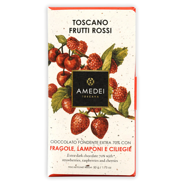 The front of a wrapped Toscano Red, Dark Chocolate w/ Red Fruit Bar from Amadei Chocolate. 