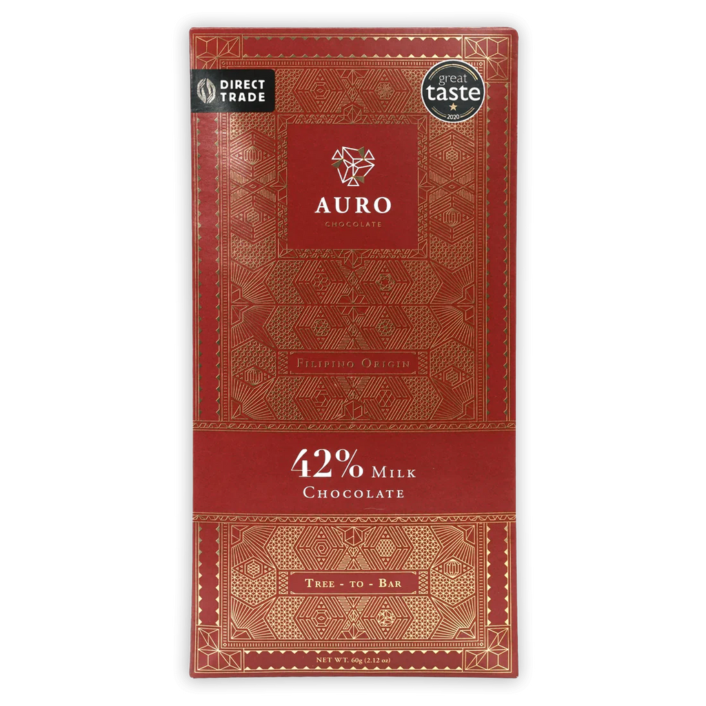 The front of Auro Chocolate's wrapped 42% Milk Chocolate Bar.