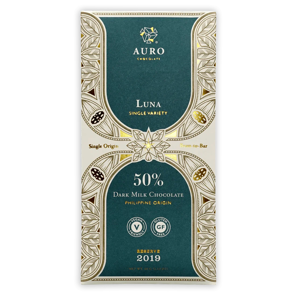 The front of Auro Chocolate's wrapped Reserve Luna Dark Milk 50% Chocolate Bar.