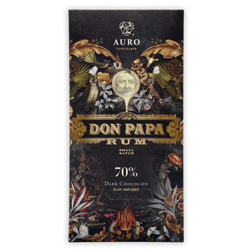 The front of Auro Chocolate's wrapped Rum Infused Dark Chocolate 70% Chocolate Bar from the Limited Batch.