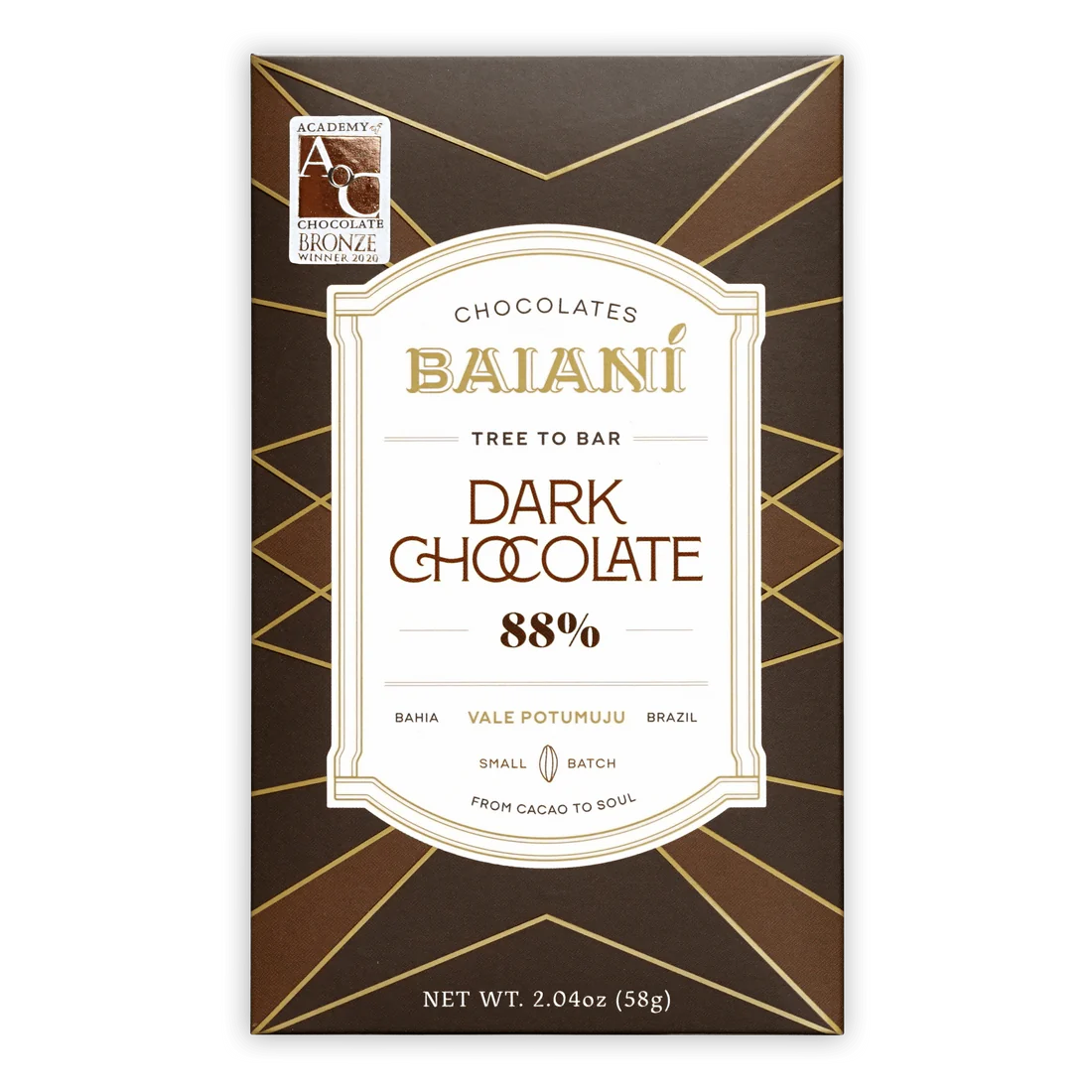 The front of a wrapped Special Blend 88% from Baianí Chocolates