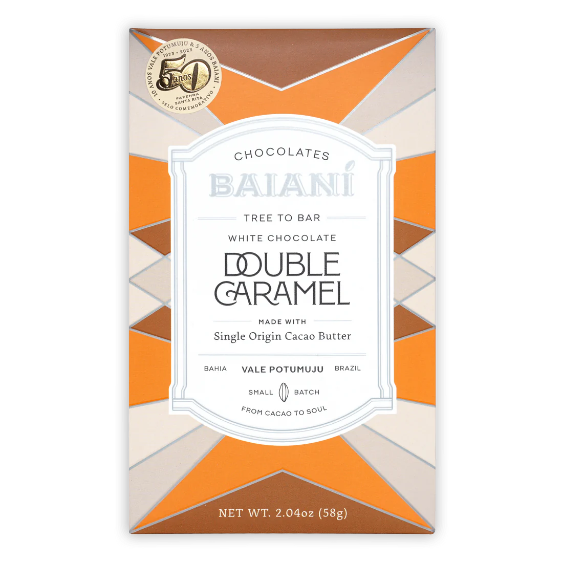 The front of a wrapped Double Caramel White Chocolate from Baianí Chocolates