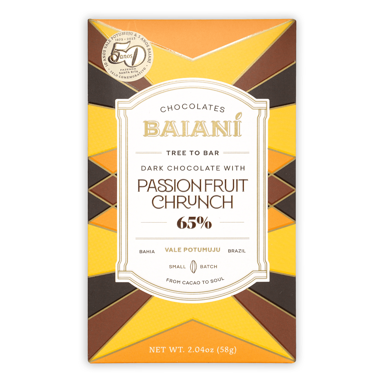 The front of a wrapped Baiani Dark w/ Passionfruit Crunch 65% from Baianí Chocolates