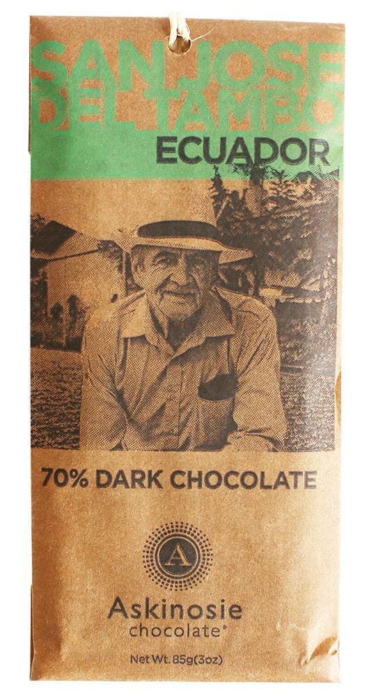 The front of a wrapped 70% Del Tambo, Ecuador Dark Chocolate Bar from Askinosie Chocolate.