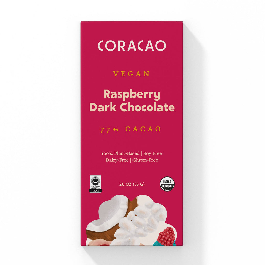 The front of a wrapped 77% Vegan Raspberry Dark Chocolate bar against a white background.