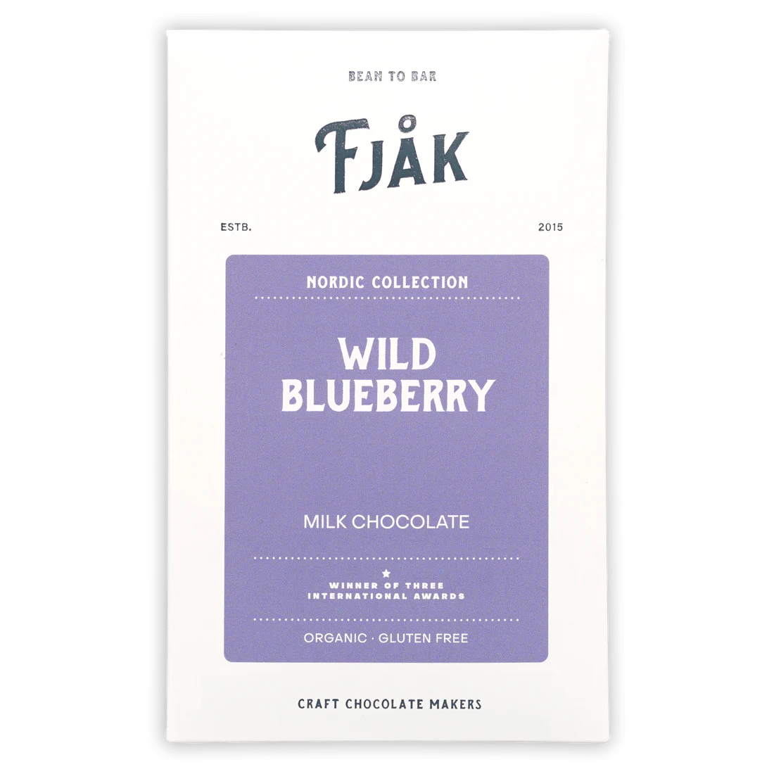 The front of a wrapped Blueberry Milk Chocolate 50% from Fjåk Chocolate
