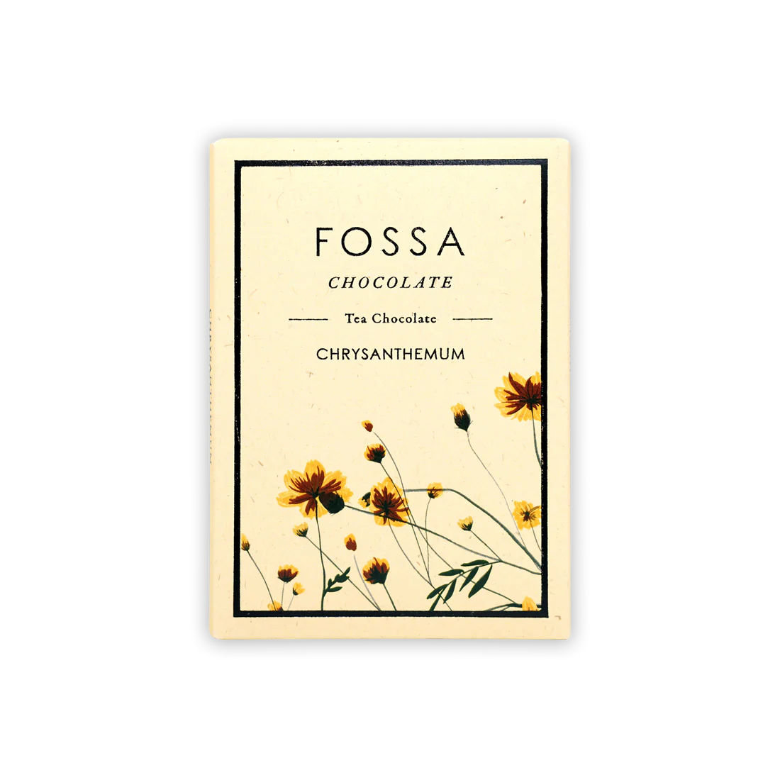 The front of a wrapped Chrysanthemum Dark Milk Tea 53% bar from Fossa Chocolate