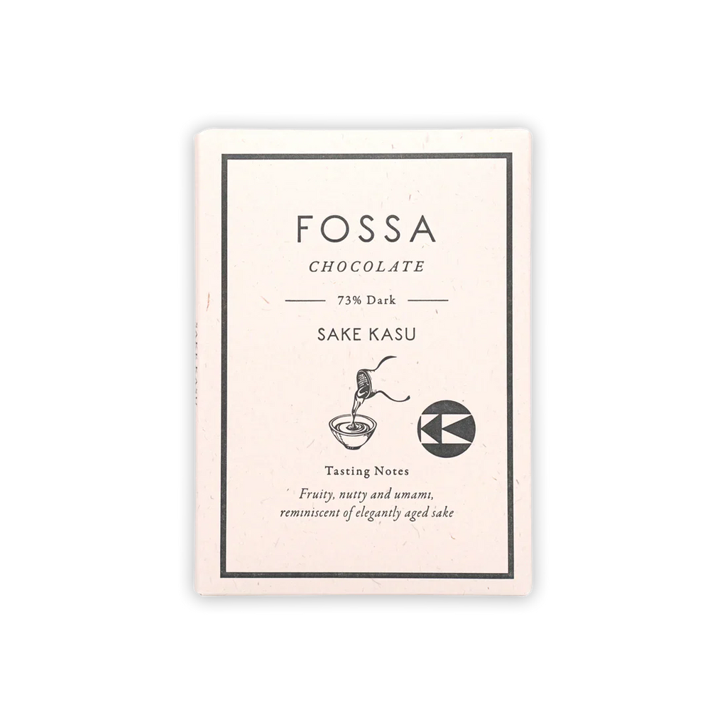 The front of a wrapped Sake Kasu Dark 73% Limited Edition bar from Fossa Chocolate