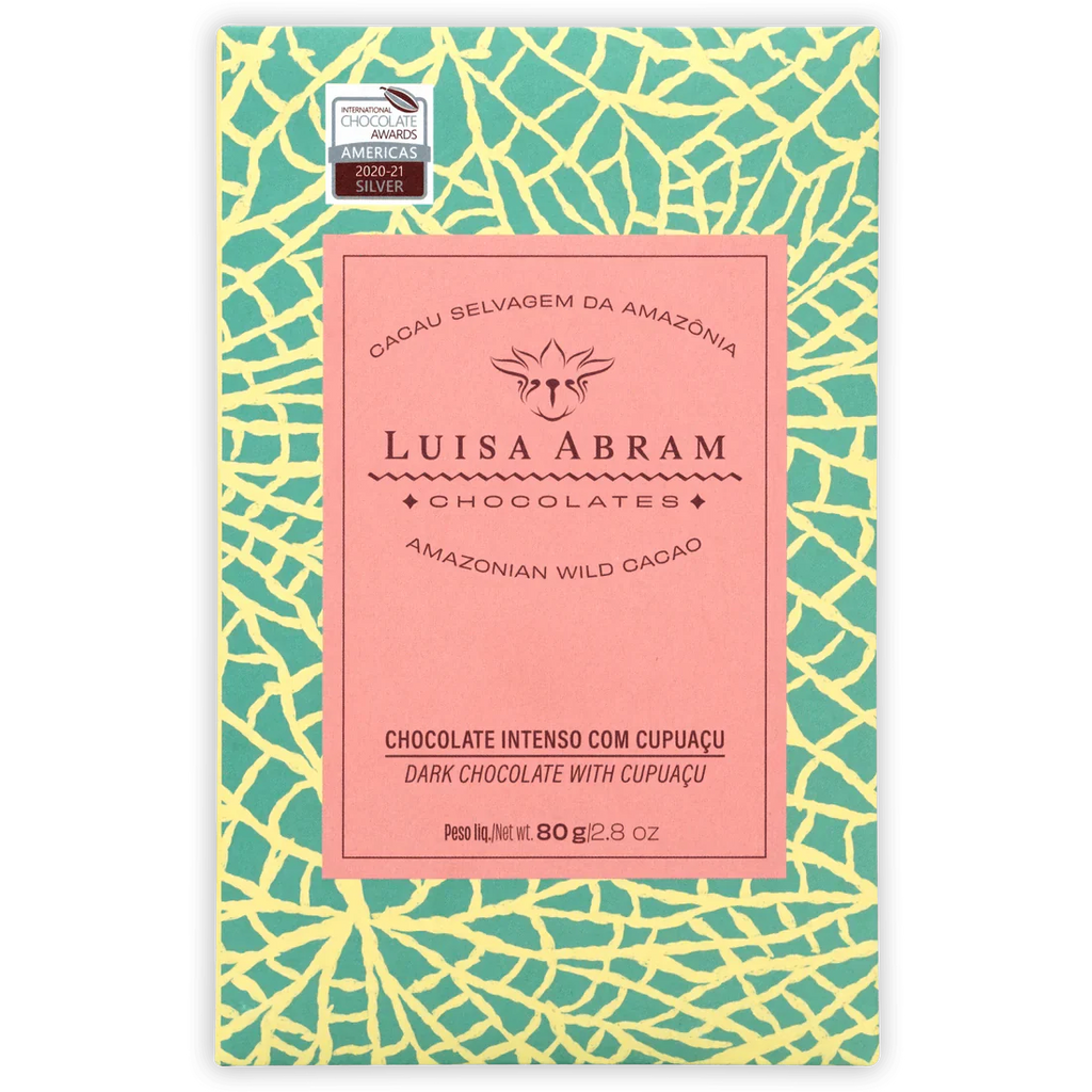 The front of a wrapped Dark Chocolate w/ Cupaçu bar from Luisa Abram