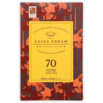 The front of a wrapped Rio Purus WIld Cacao 70% bar from Luisa Abram