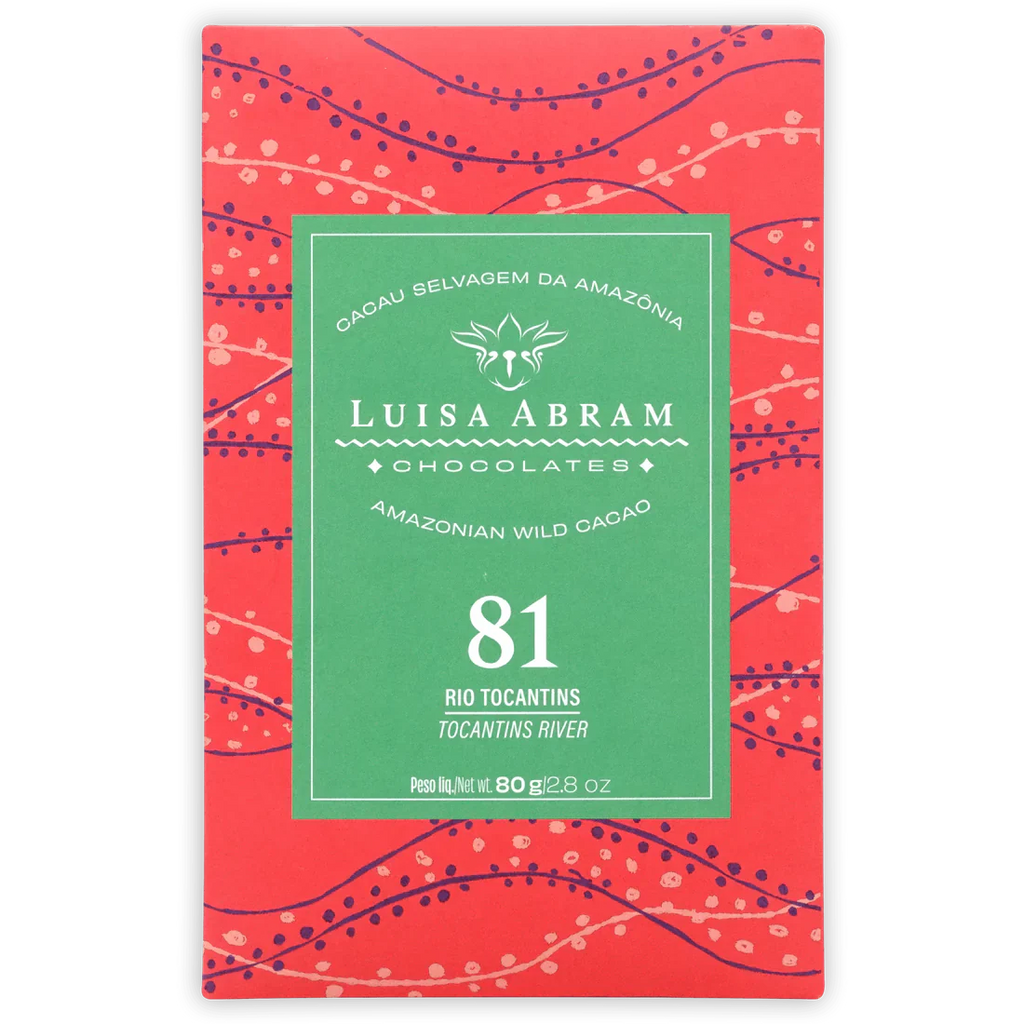 The front of a wrapped Rio Tocantins Wild Cacao 81% bar from Luisa Abram