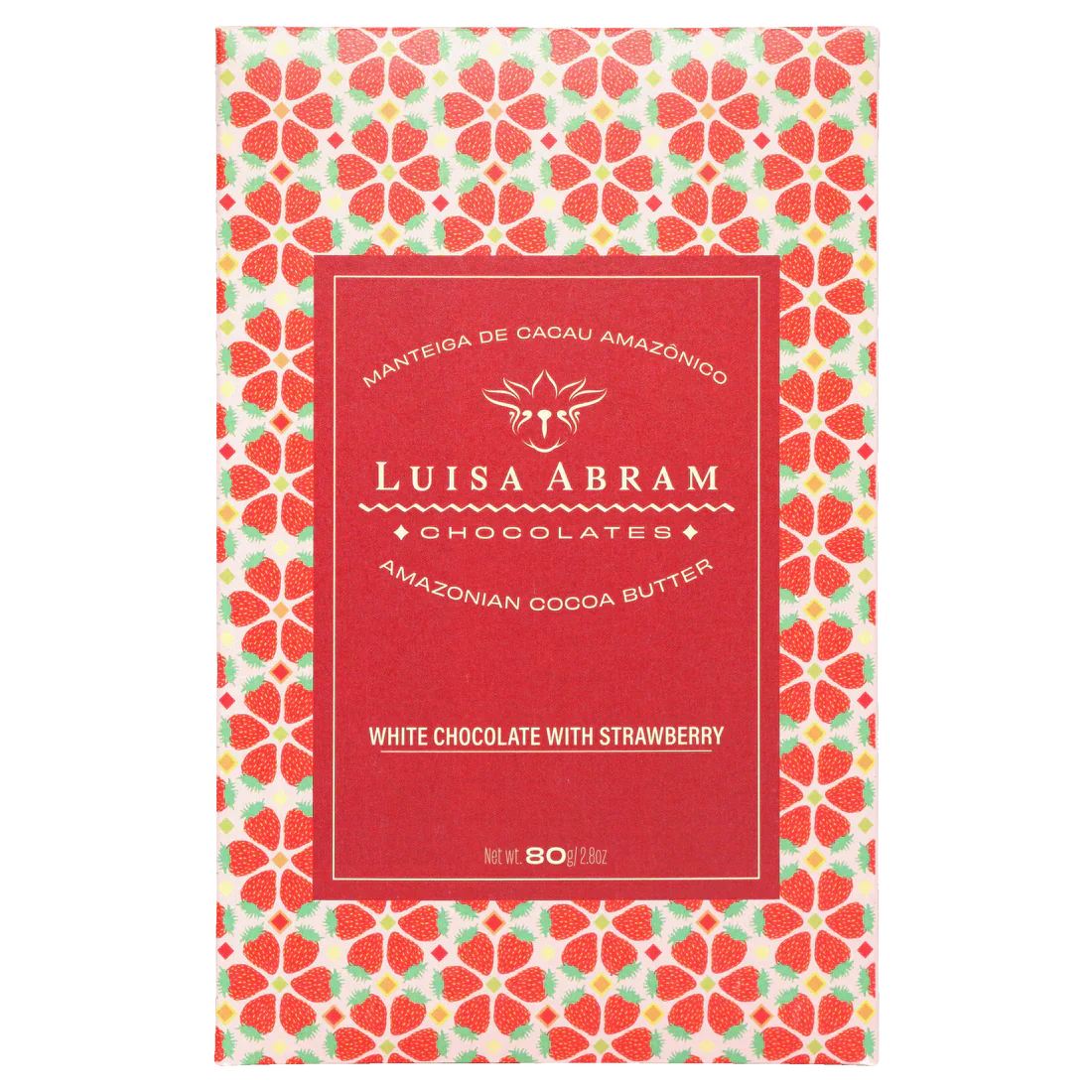 The front of a wrapped White Chocolate with Strawberry bar from Luisa Bar