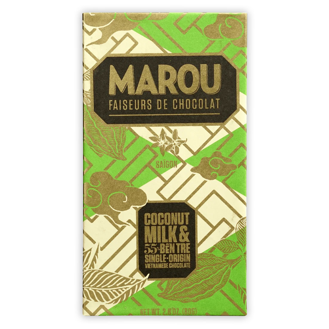 The front of a wrapped Coconut Milk & Ben Tre 55% bar from Marou 