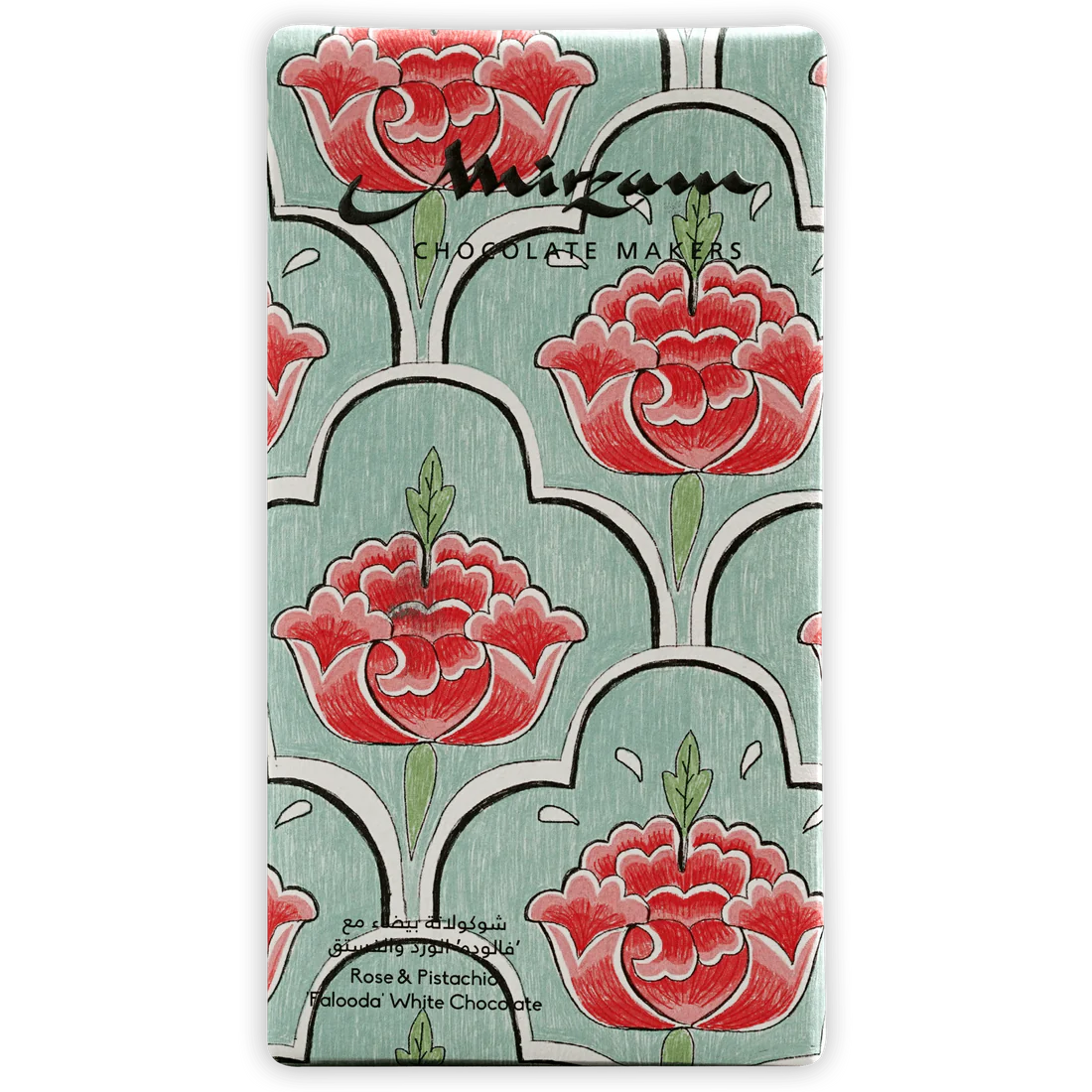 The front of a wrapped Falooda White Chocolate w/ Rose & Pistachio bar from Mirzam
