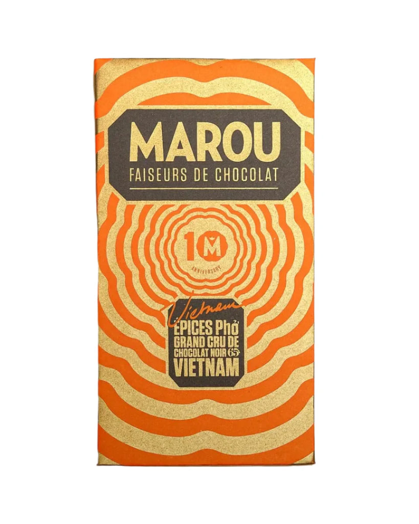 The front of a wrapped Pho Spice 65% bar from Marou Chocolates