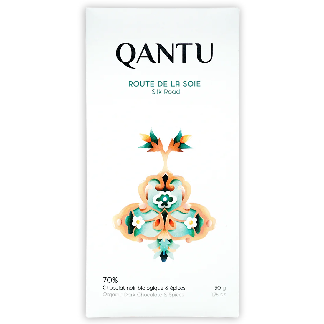 The front of a wrapped Silk Road 70% bar from Qantu Chocolate