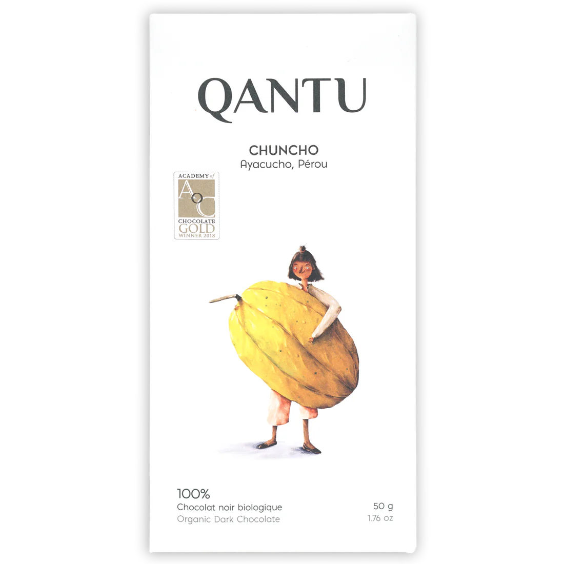 The front of a wrapped Chuncho 100% bar from Qantu Chocolate