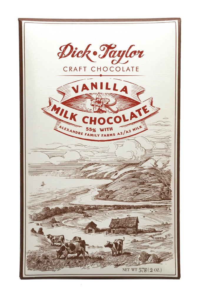 The front of a wrapped Vanilla Milk Chocolate 55% bar from Dick Taylor