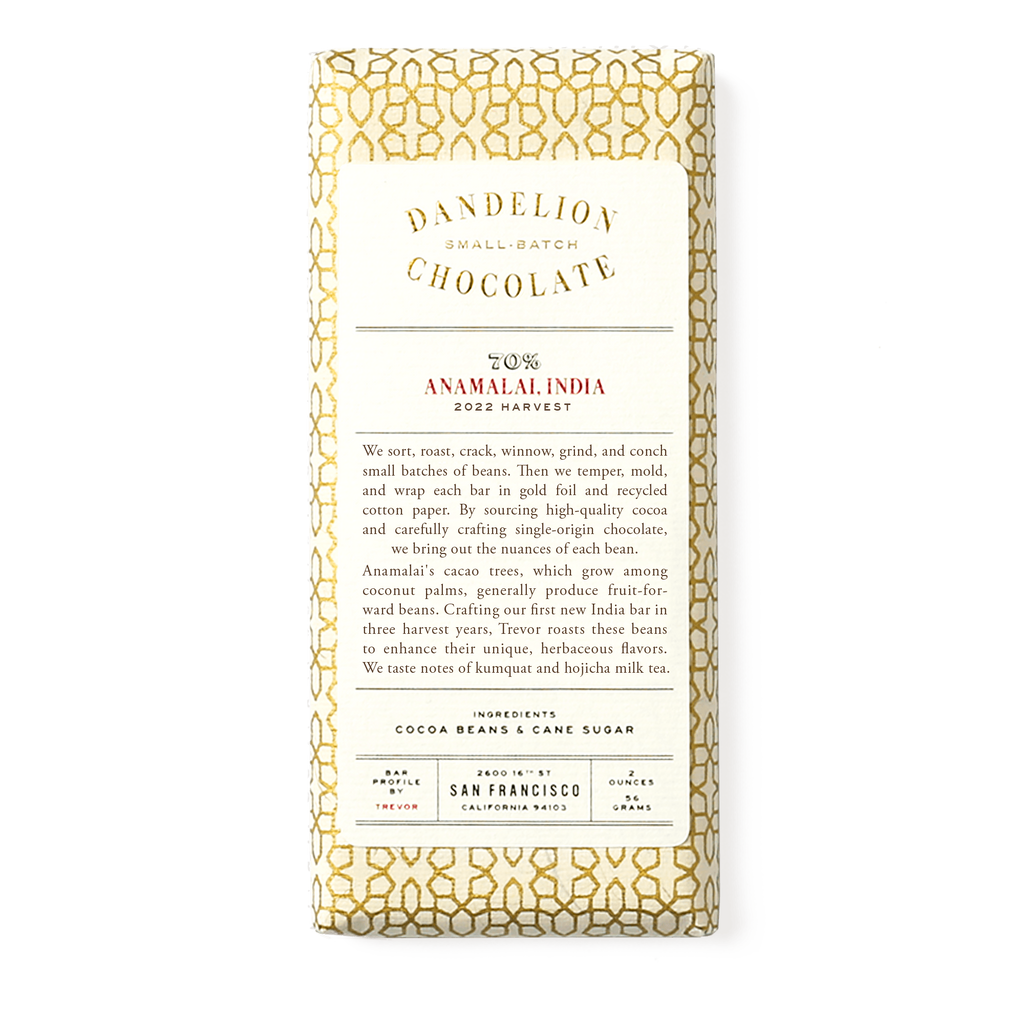 Dandelion Chocolate 70% Anamalai India Dark Chocolate Bar 