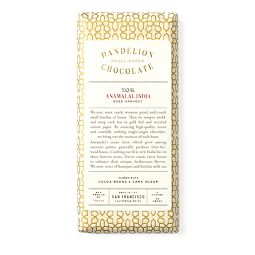 Dandelion Chocolate 70% Anamalai India Dark Chocolate Bar 